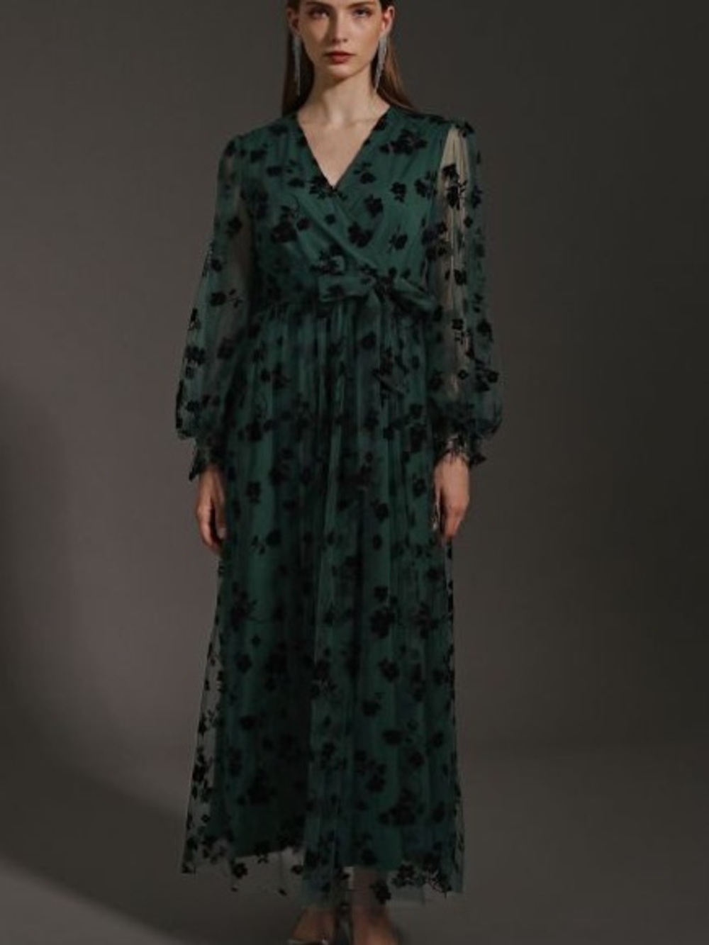 SHEIN‎ Teal Green Mesh Maxi Dress with Black Floral Appliqué formal